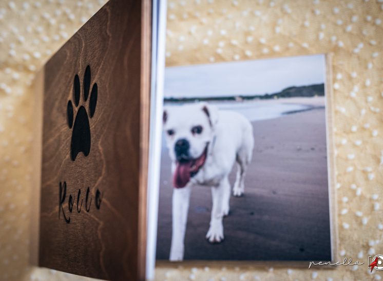 Álbum de madera con grabado de una huella para sesión de mascota en Asturias, Penella Fotografía