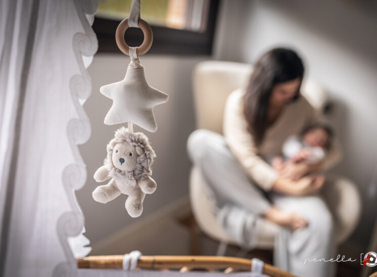 mamá y bebé durante lactancia lifestyle a domicilio en su sesión newborn con luz natural en asturias